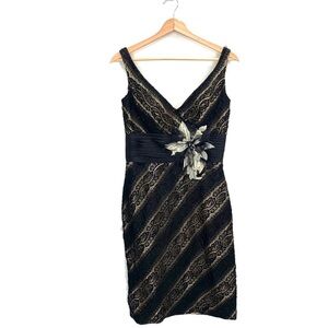 Social Occasions Mon Cheri Black Lace Over Gold Satin Beaded Cocktail Dress Sz 6